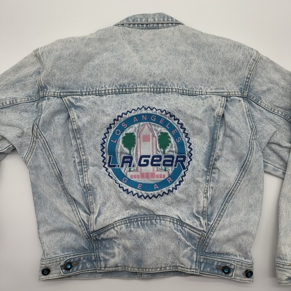 Vintage 90s LA Gear Denim Jean Jacket Women's L Crop Light Wash Embroidered